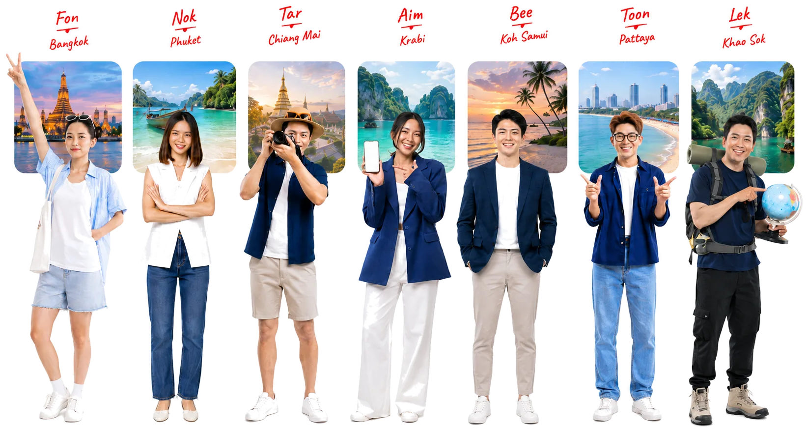 Seven TripInThai scouts from Bangkok, Phuket, Chiang Mai, Krabi, Koh Samui, Pattaya and Khao Sok